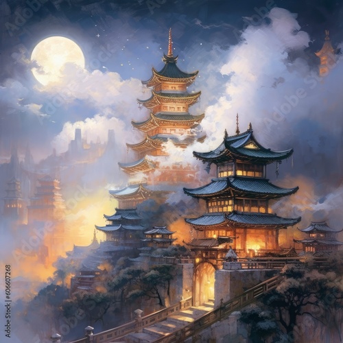 Watercolor illustration of a Chinese city surrounded by clouds Generative Ai