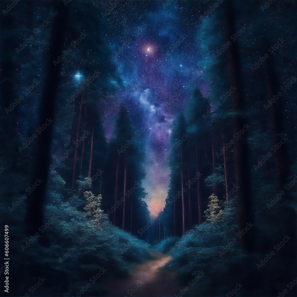 forest with a galaxy background 