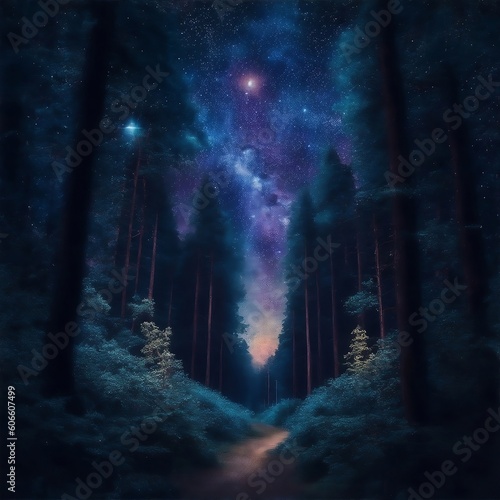 forest with a galaxy background 