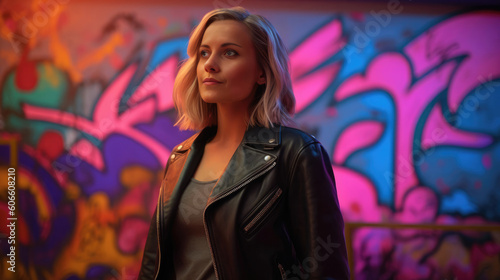 Young woman wearing a leather jacket against a graffiti wall - made with Generative AI tools © 4kclips