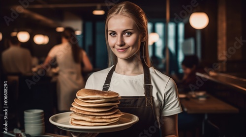 Pretty waitress serves pancakes in a diner - made with Generative AI tools
