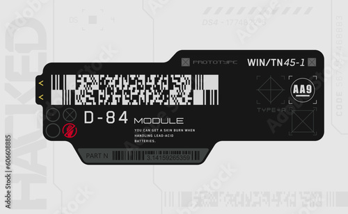 Cyberpunk decals, stickers, labels in futuristic style. Inscriptions, symbols. For printing on bags, gadgets, laptops, phone cases.