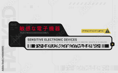 Cyberpunk decals, stickers, labels in futuristic style. Inscriptions, symbols. Japanese hieroglyphs for sensitive electronic devices. For printing on bags, gadgets, laptops, phone cases