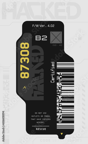 Cyberpunk decals, stickers, labels in futuristic style. Inscriptions, symbols. For printing on bags, gadgets, laptops, phone cases