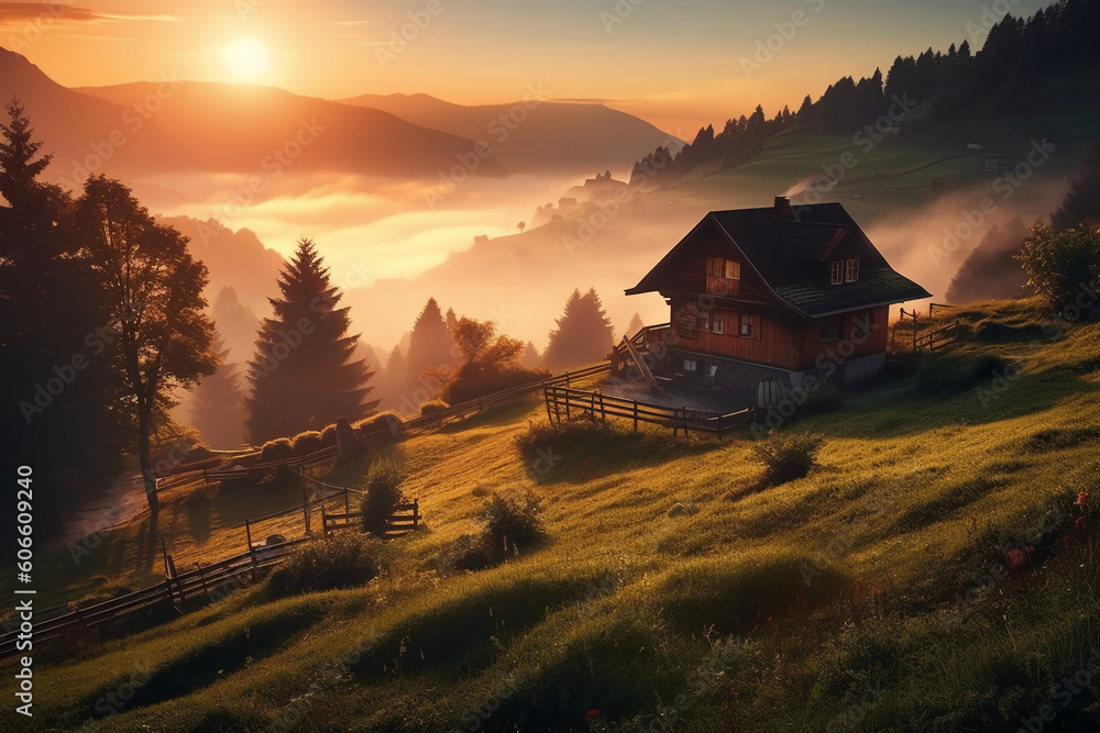 Sunrise at village, gardening, view mountain, old house. AI generative
