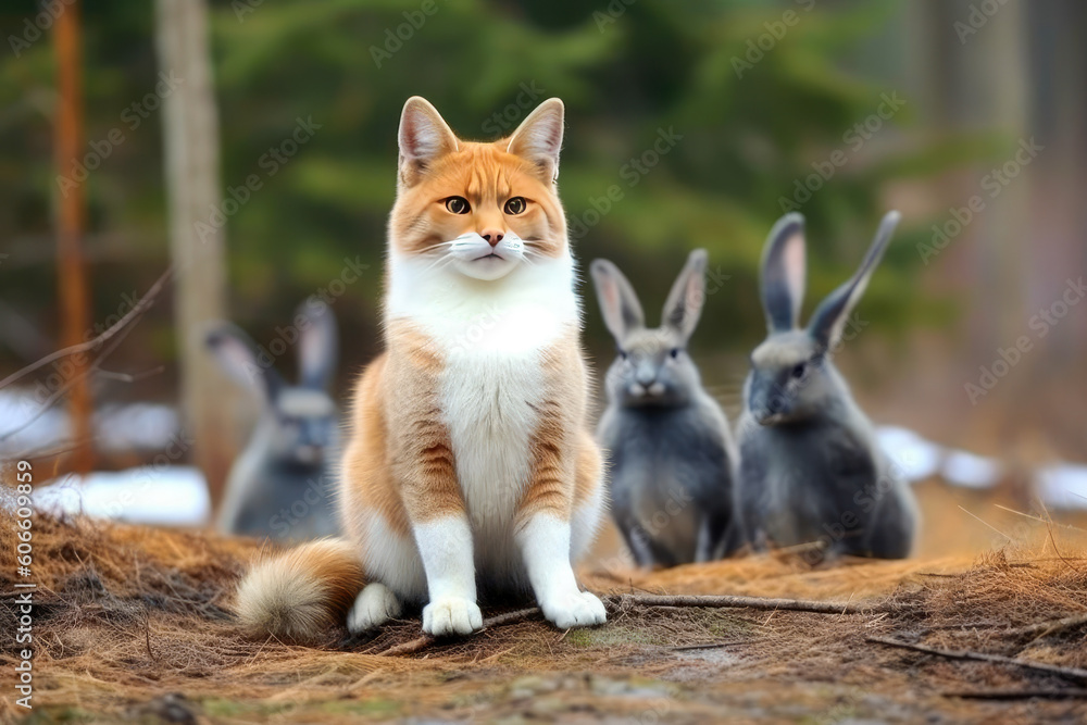 A cat is sitting in the woods, surrounded by black rabbits that look at him, meme, generative ai