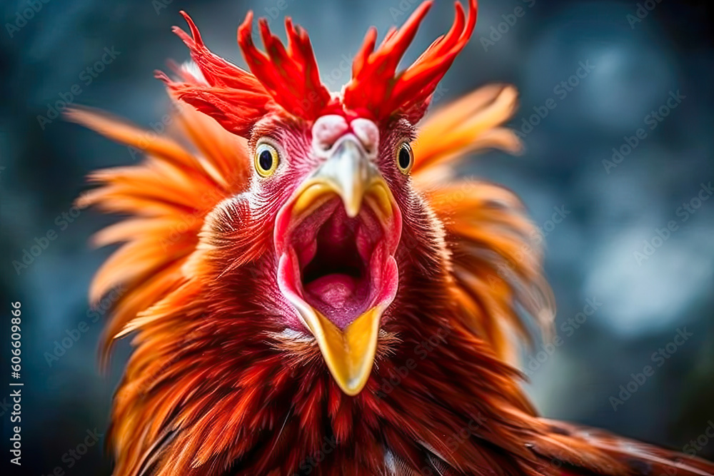 Close-up portrait of a crowing rooster, Generative AI