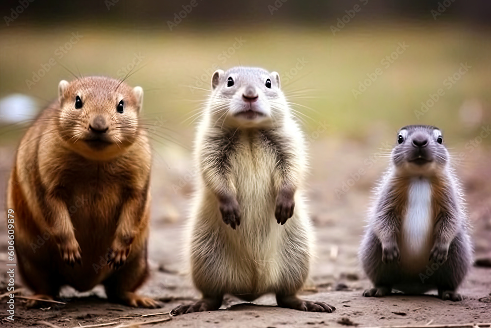 Three marmots are standing looking at the camera, in the forest, meme, generative ai Three marmots are standing looking at the camera, in the forest, meme, generative ai