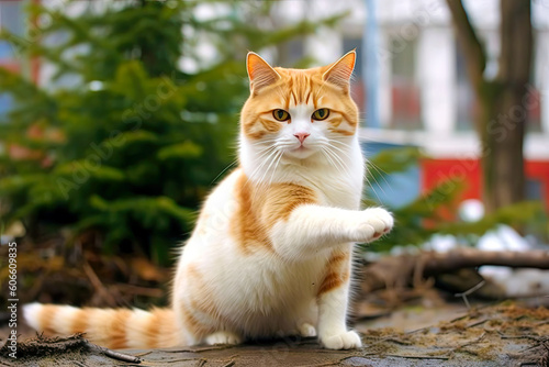 A white and brown cat is on the street, pointing with its paw to the side, meme, generative ai