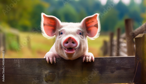 A pig is leaning on a fence smiling, generative ai © VicenSanh