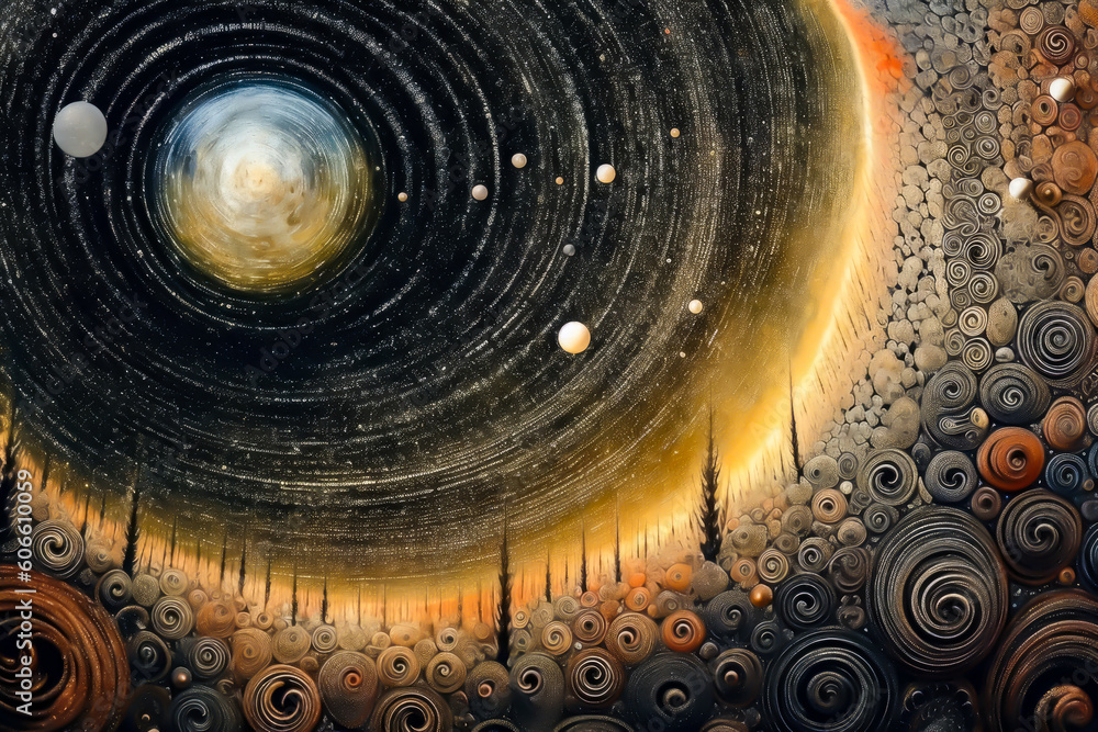 space with planets, stars and spiral galaxy surrounded by circles, art, illustration, painting, generative ai