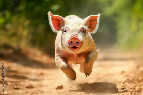 A pig is running and jumping in the forest, generative ai