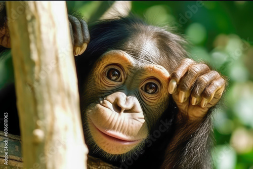 Portrait of an adorable baby monkey in the forest, Generative AI