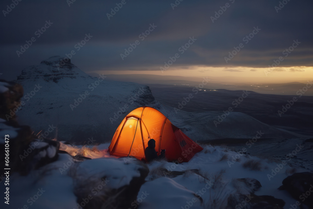 Tent camping in the snowy wilderness a night sky full of stars and an adventure to remember. AI Generative