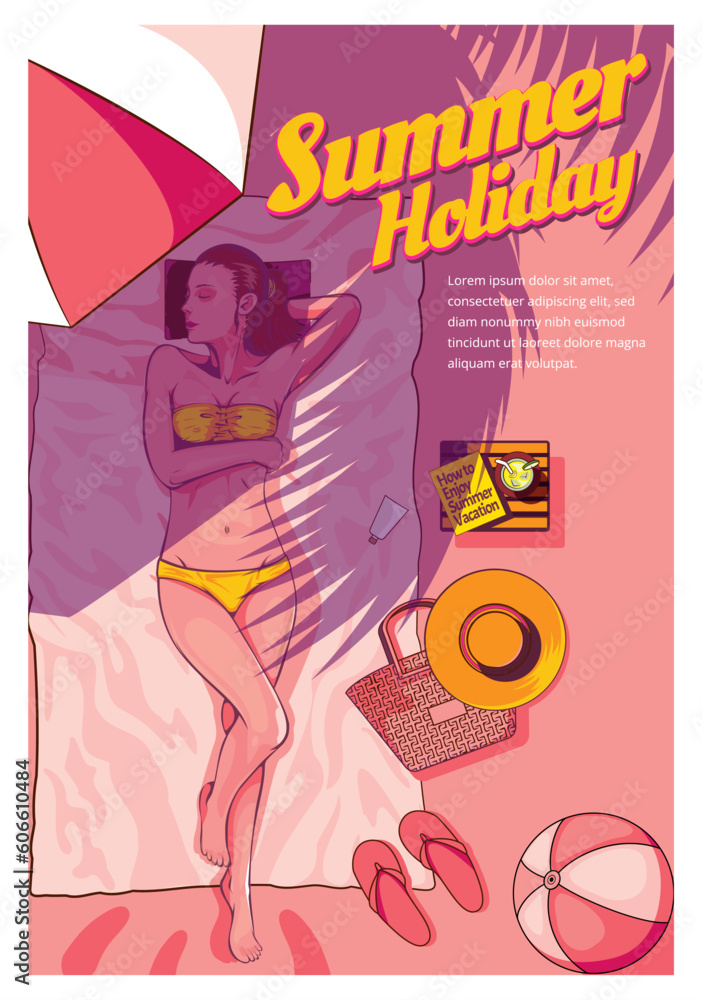Summer Holiday pin up Girl poster illustration. a girl laying down on the beach and enjoy the summer sunset.