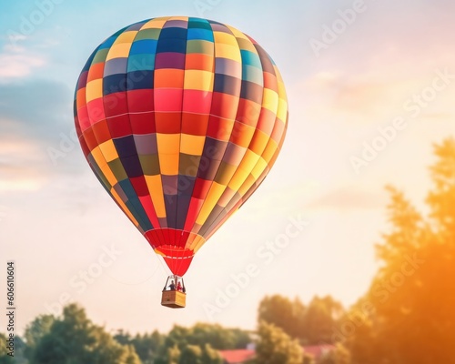 hot Air Balloon Day. colorful hot air balloon flying in the sky, filtered evening light, semi - realistic render, levitating agricultural sphere, tourist photo. Generative ai
