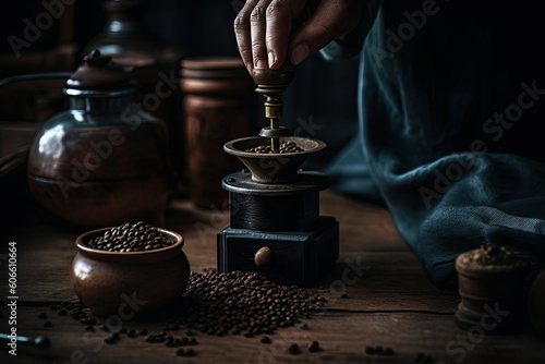 coffee beans being poured into a grinder on a wooden table in the image is dark and moodyy, with a person's. Generative Ai