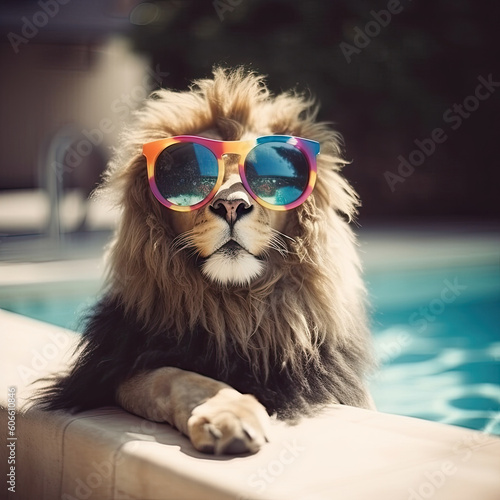 a lion wearing sunglasses on the edge of a swimming pool with its tongue sticking out and looking at the camera. Generative Ai © Golib Tolibov