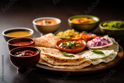 Dosa is a thin batter-based dish originating from South India, made from of lentils and rice. Generated by AI photo