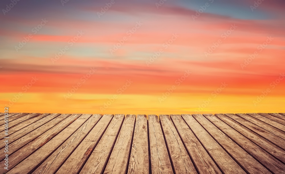 Idea with a colored background and boards to insert your item. Wooden planks floor with sunset color sky in the background.