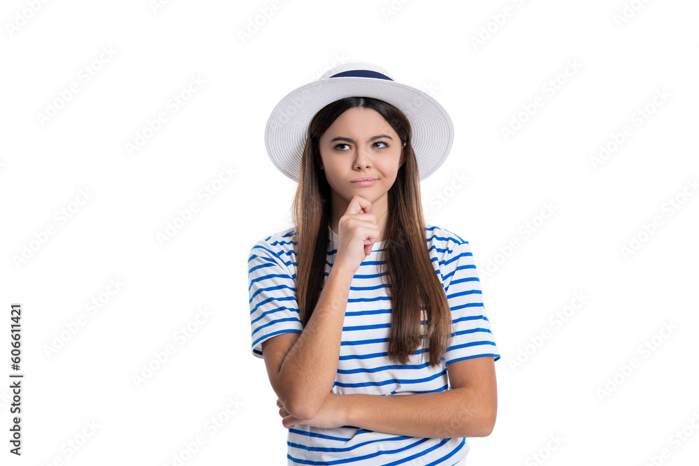 summer stylish pondering teen girl isolated on white. summer stylish teen girl on background.