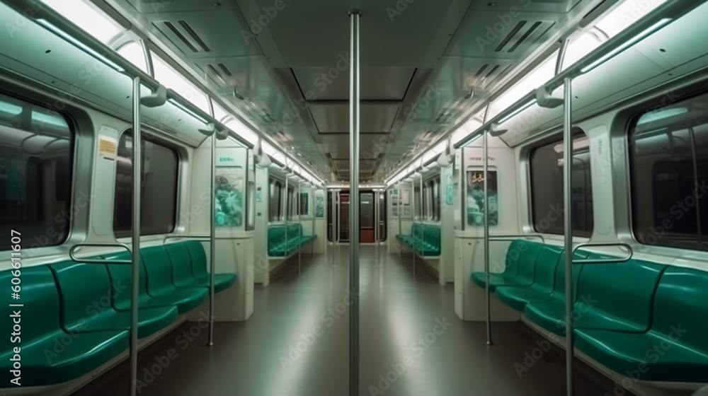 The interior of the metro train compartment, with bright lights, clean aesthetic, future style, AI generative