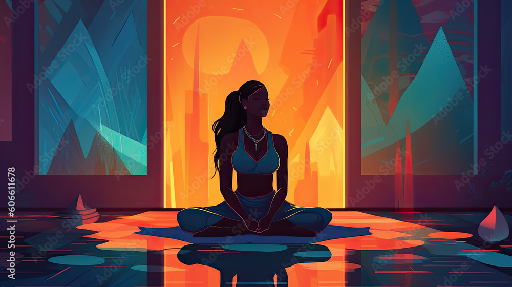 a woman sitting on the floor in front of an open door, with her eyes closed and she is meditating. Generative Ai a woman sitting on the floor in front of an open door, with her eyes closed and she is meditating. Generative Ai