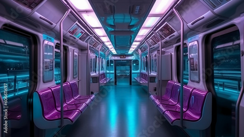 The interior of the metro train compartment, with bright lights, clean aesthetic, future style, AI generative