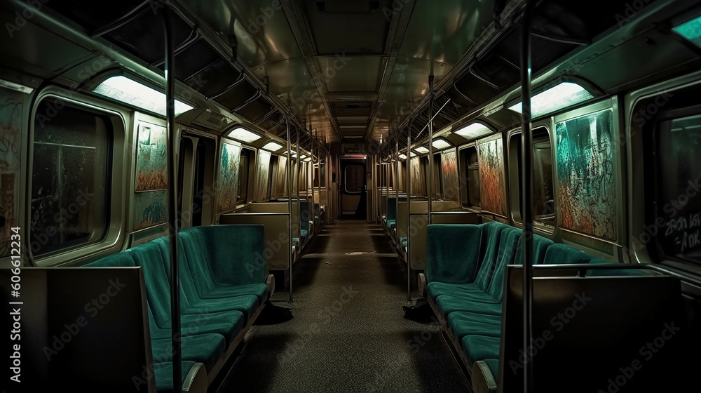 The interior of the metro train compartment, with dark lights, dirty aesthetic, apocalypse. AI generative The interior of the metro train compartment, with dark lights, dirty aesthetic, apocalypse. AI generative