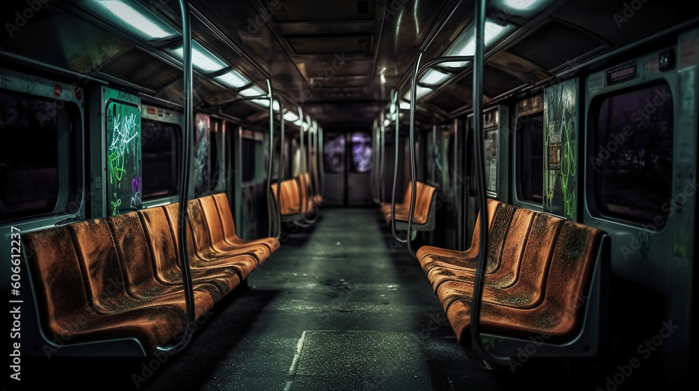 The interior of the metro train compartment, with dark lights, dirty aesthetic, apocalypse. AI generative