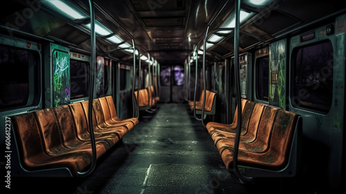 The interior of the metro train compartment, with dark lights, dirty aesthetic, apocalypse. AI generative