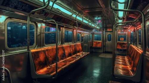 Wallpaper Mural The interior of the metro train compartment, with dark lights, dirty aesthetic, apocalypse. AI generative Torontodigital.ca
