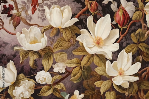 The painting has white flowers and red buds. AI generative