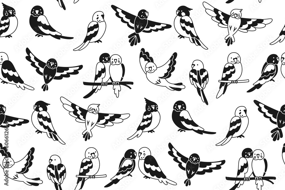 Naklejka premium Flying Parrot tropical seamless pattern. Exotic black and white birds repeat ornament background. Summer bright funny glyph design parrots wallpaper fabric, endless packaging, boundless trendy vector