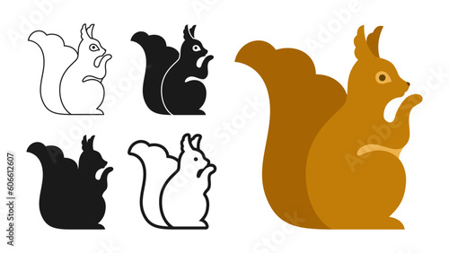 Squirrel rodent wild animal cartoon style set. Forest red squirrels symbol, line doodle, stamp or silhouette collection. Flat funny character animal icon. Drawn simple abstract zoo vector illustration