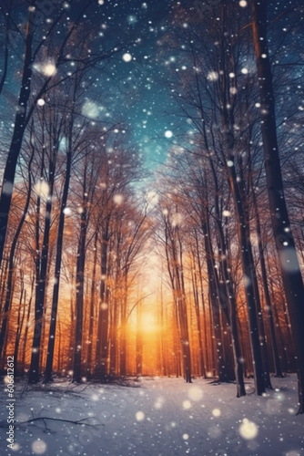 Winter forest at dusk background. AI genrative