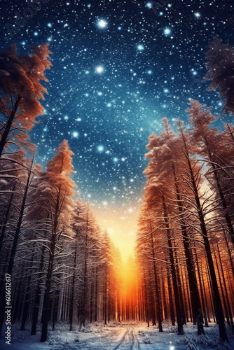 Winter forest at dusk background. AI genrative