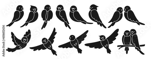 Parrot tropical symbol set. Summer wild exotic sitting and flying bird collection. Wildlife jungle Hawaiian cute parrots, funny pretty parakeet characters hand drawn sign isolated vector illustration