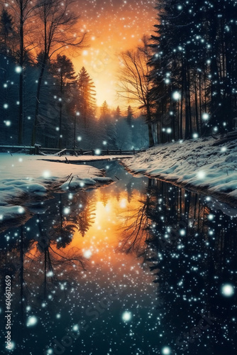 Winter forest at dusk background. AI genrative