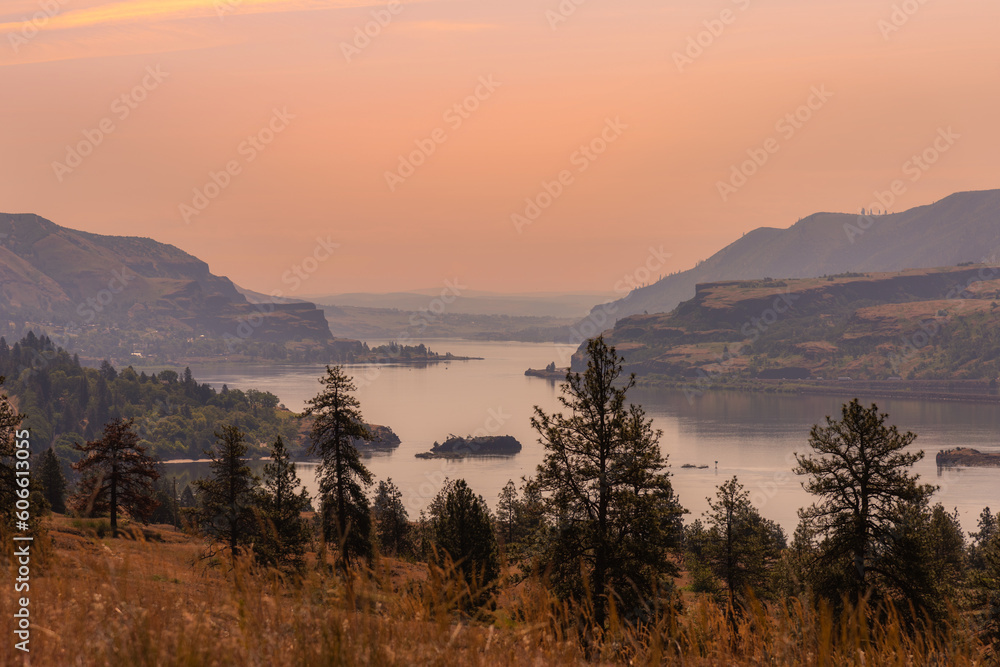 Golden hour in the Columbia River Gorge from Catherine Creek hiking area in Washington State