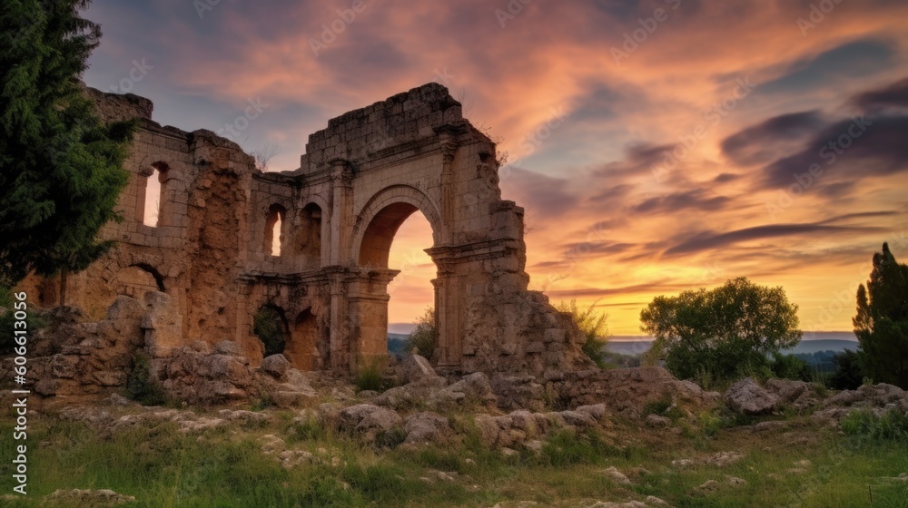 beautiful twilight sky above an ancient ruins generative ai