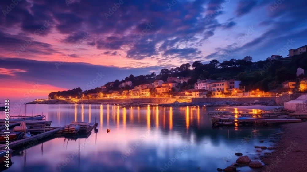 beautiful twilight sky above a coastal village generative ai