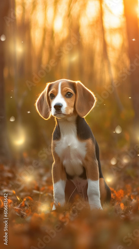 Beagle Puppy dog in a sunny spring meadow