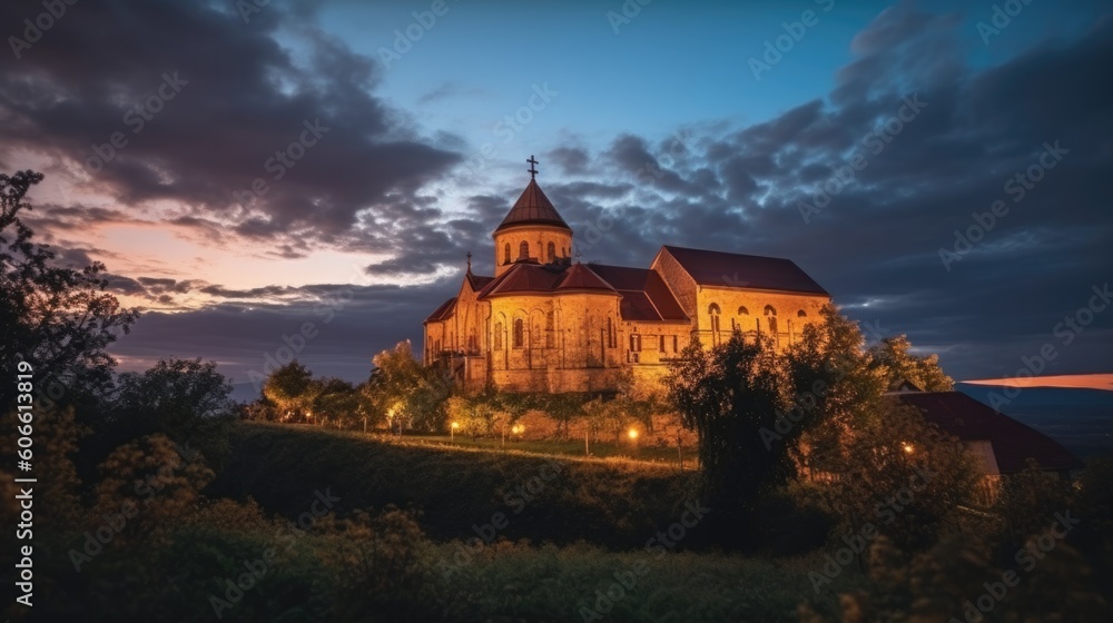 beautiful twilight sky above a monastery generative ai
