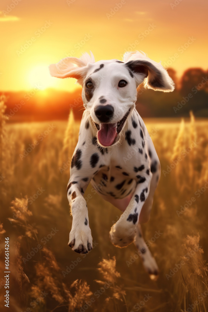 Dalmatian dog running towards the camera