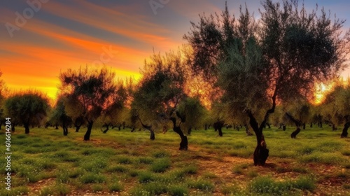 beautiful twilight sky above in an olive grove generative ai