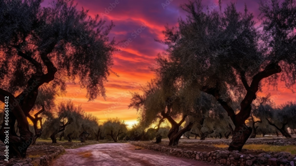 Fototapeta premium beautiful twilight sky above in an olive grove generative ai