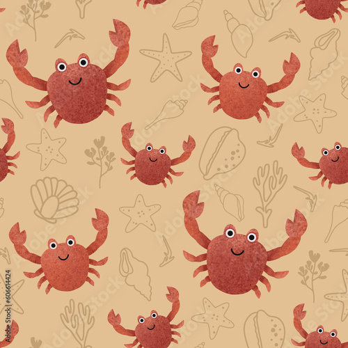 Crab seamless pattern. Sealife allover print. Raster print with cute hand drawn crabs  shells and corals on yellow background