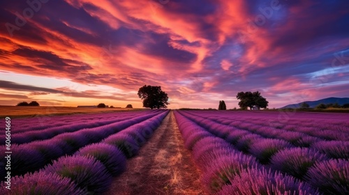 beautiful twilight sky in a lavender field generative ai © ThisDesign