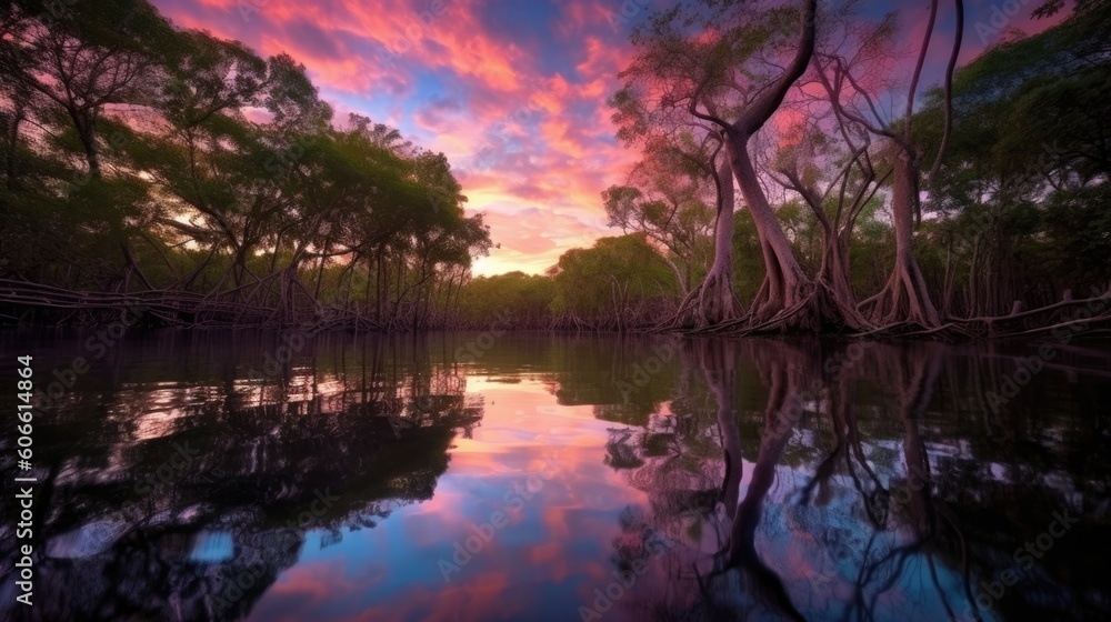 beautiful twilight sky in a mangrove forest generative ai